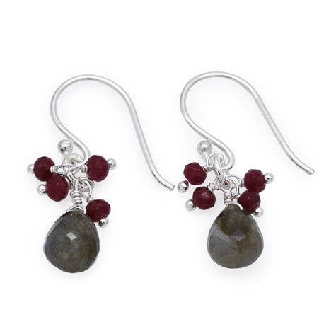 Silver Gemma Earrings - Labradorite & Ruby