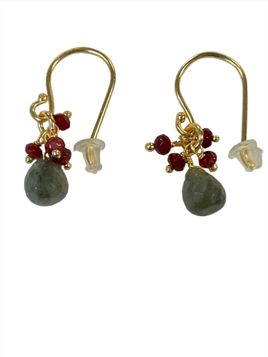 Gold Gemma Earrings - Labradorite & Ruby