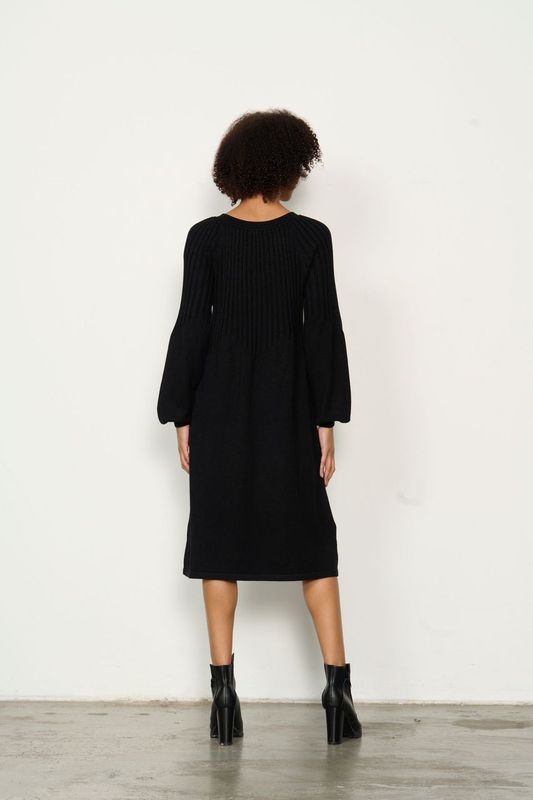 Half Rib Knit & Puff Sleeve Dress - Black