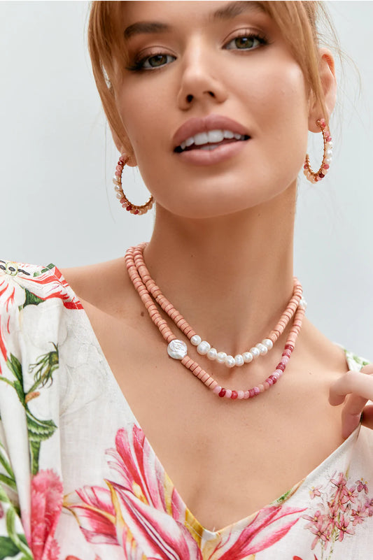 Zada Pearl Stone Necklace - Pink