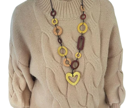 Multiwood Disc Necklace with Heart Bead - Yellows