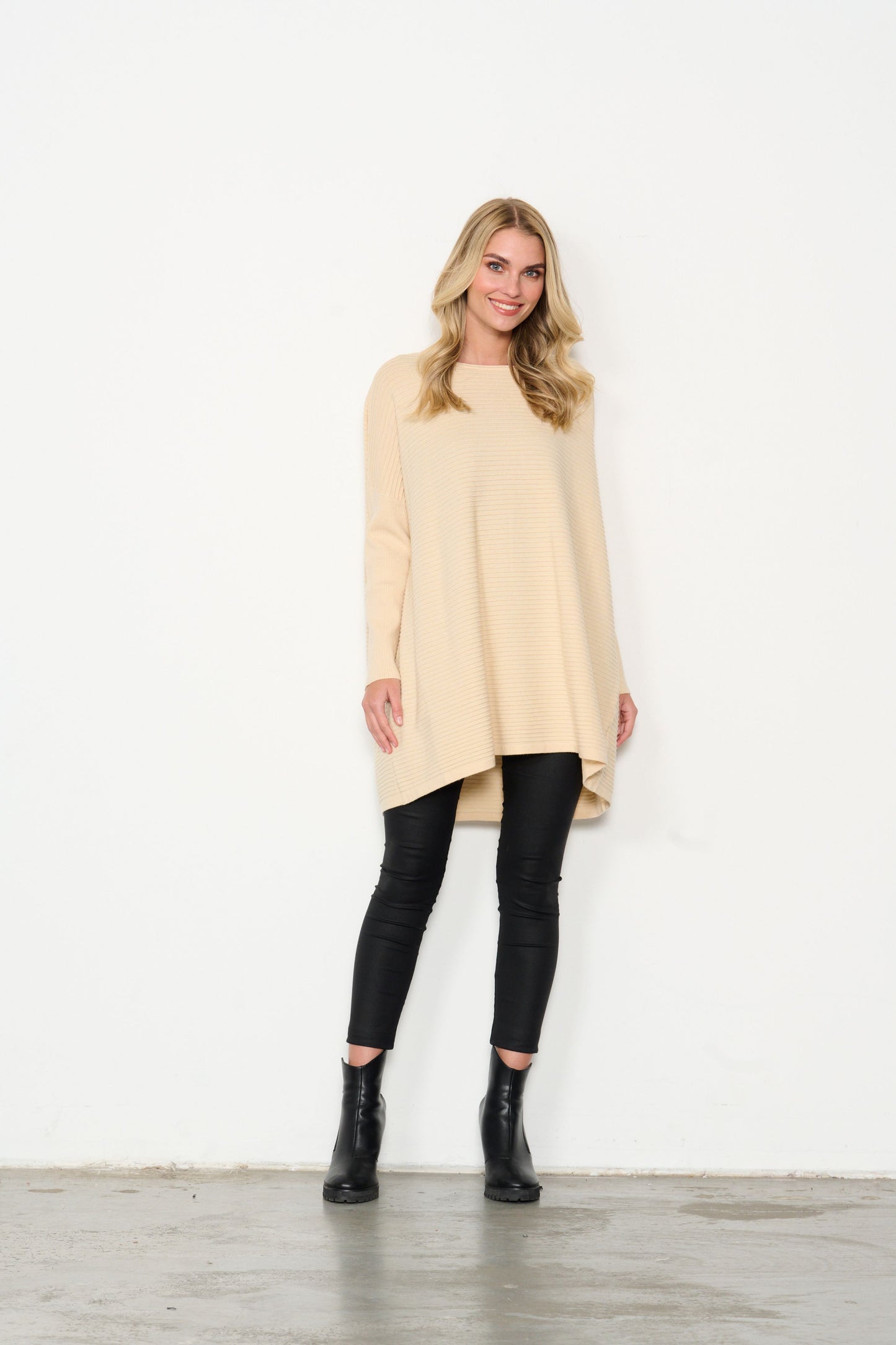 Ribbed Knit Swing Style Tunic - Cream