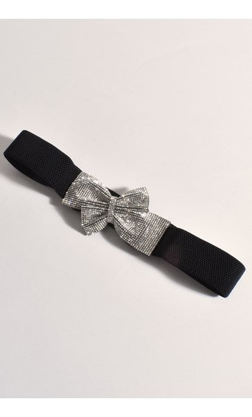 Diamante Bow Stretch Belt - Black