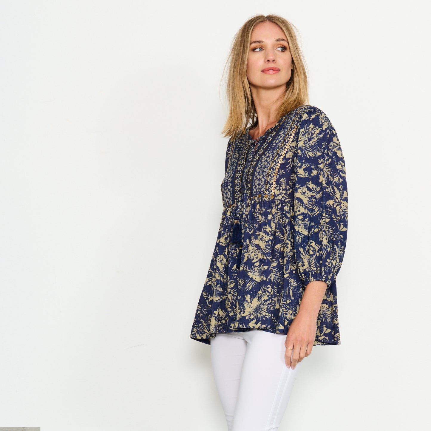 Placement Beads Blouse - Navy Print