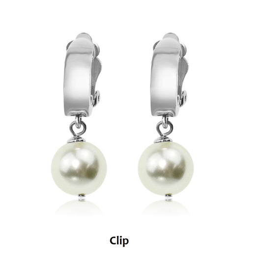 Glass Pearl Drop Clip On Earring - Silver