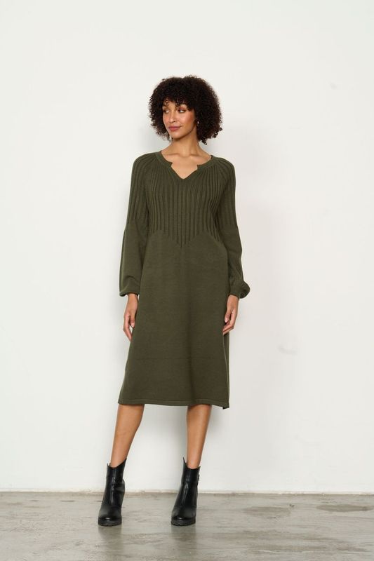 Half Rib Knit & Puff Sleeve Dress - Olive