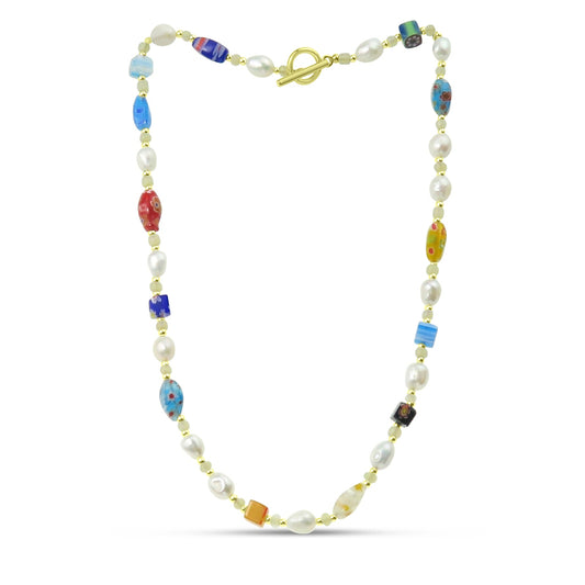 Mixed Glass Beads with Pearls Necklace