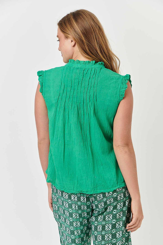 Sleeveless Crinkle Cotton Top - Emerald