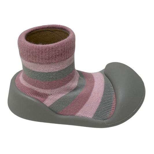 Rubber Soled Socks - Pink/Grey Stripe