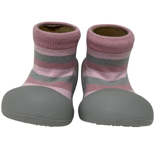 Rubber Soled Socks - Pink/Grey Stripe