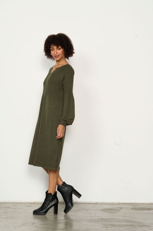 Half Rib Knit & Puff Sleeve Dress - Olive