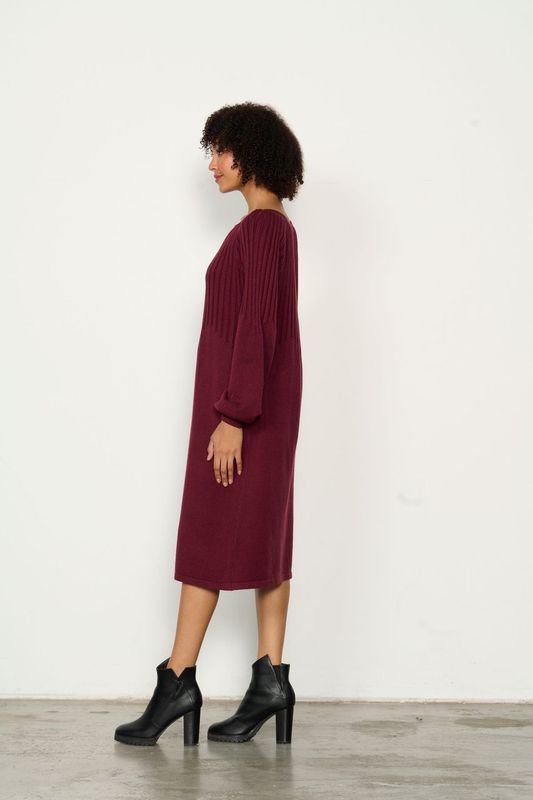 Half Rib Knit & Puff Sleeve Dress - Shiraz