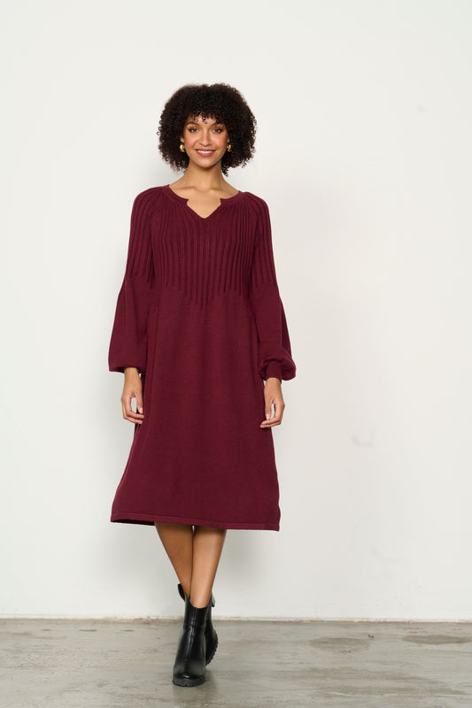 Half Rib Knit & Puff Sleeve Dress - Shiraz