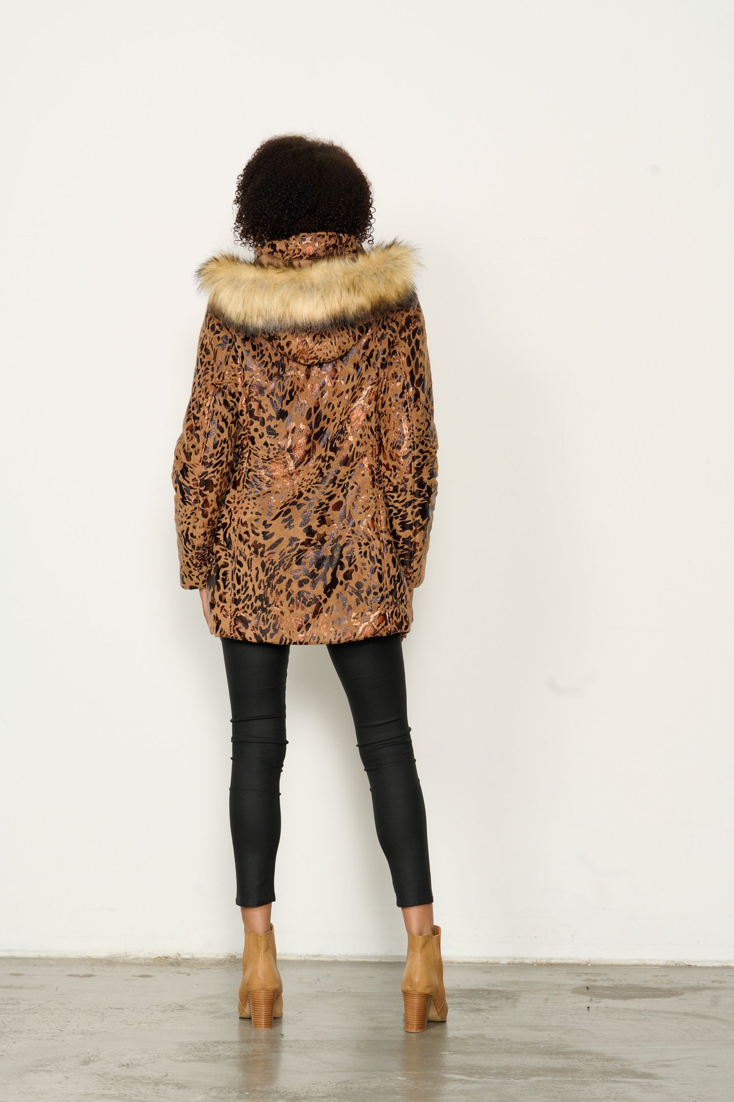 Shiny Animal Print w/ Faux Fur Trim Jacket