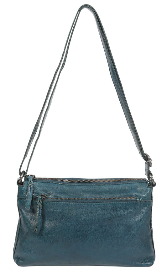 Soft Cow Leather Cross Body Bag Middle Zip - Denim