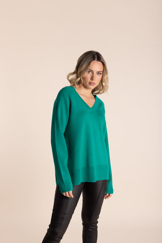 Merino V Neck Knit - Emerald