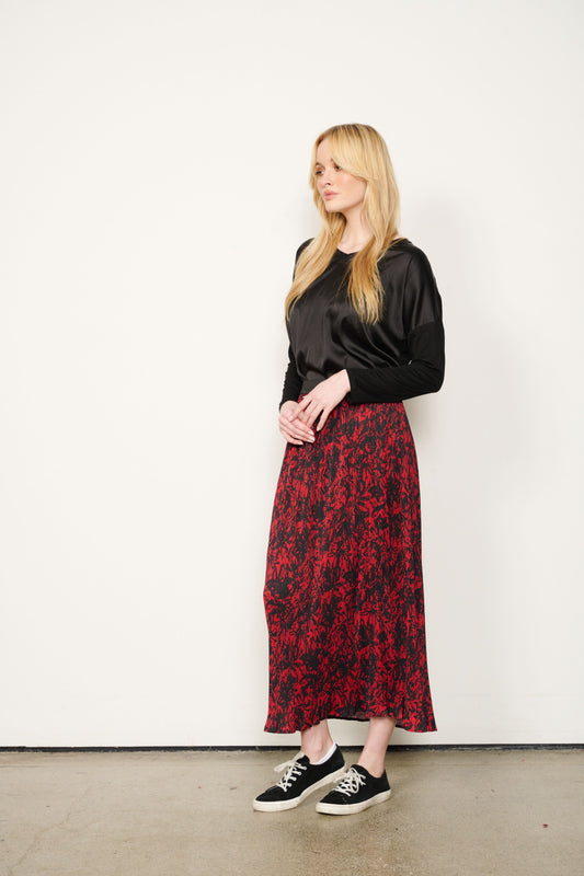 Pleated Print Skirt - Red