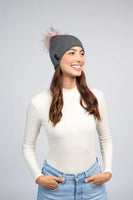 Cashmere Beanie - Dk Gray with Peach Pom Pom
