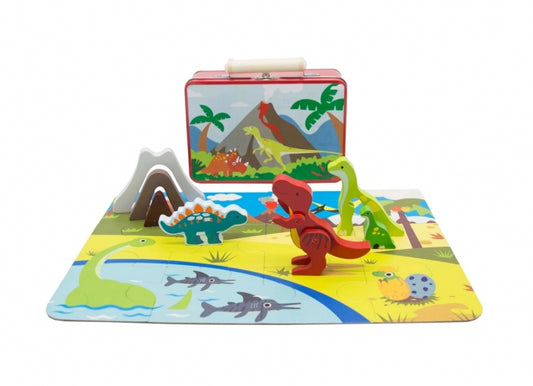 Dinosaur Playset with Puzzle In Tin